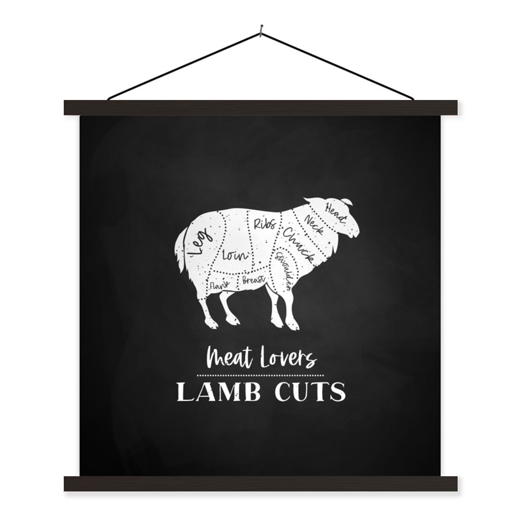 MuchoWow Textilposter Schaf - Küche - Metzger 90x90 cm mit schwarzem Rahmen - Magnetisches