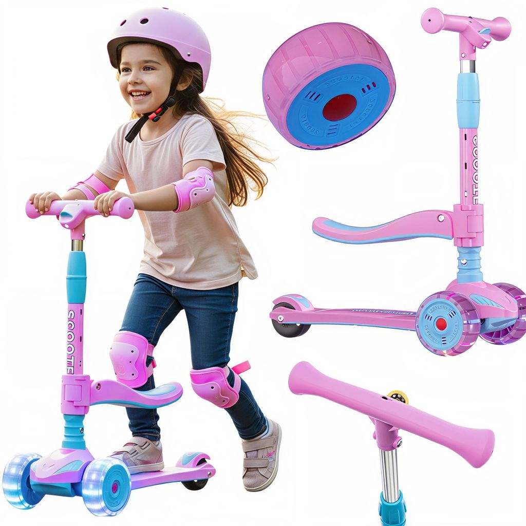3-in-1 Kinderroller mit Sitz, LED-Rädern & verstellbarem Lenker, Rosa-Blau