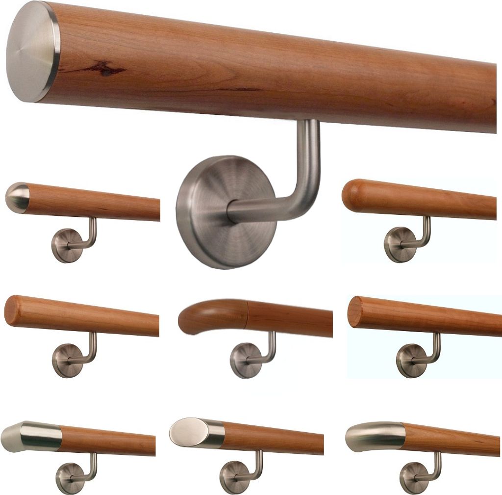 TIBU Kirschbaum Holz Handlauf Geländer 0,3m - 5m, Länge 80 cm, Ende leicht gewölbte Edelstahlkappe und 2 gewinkelte Halter