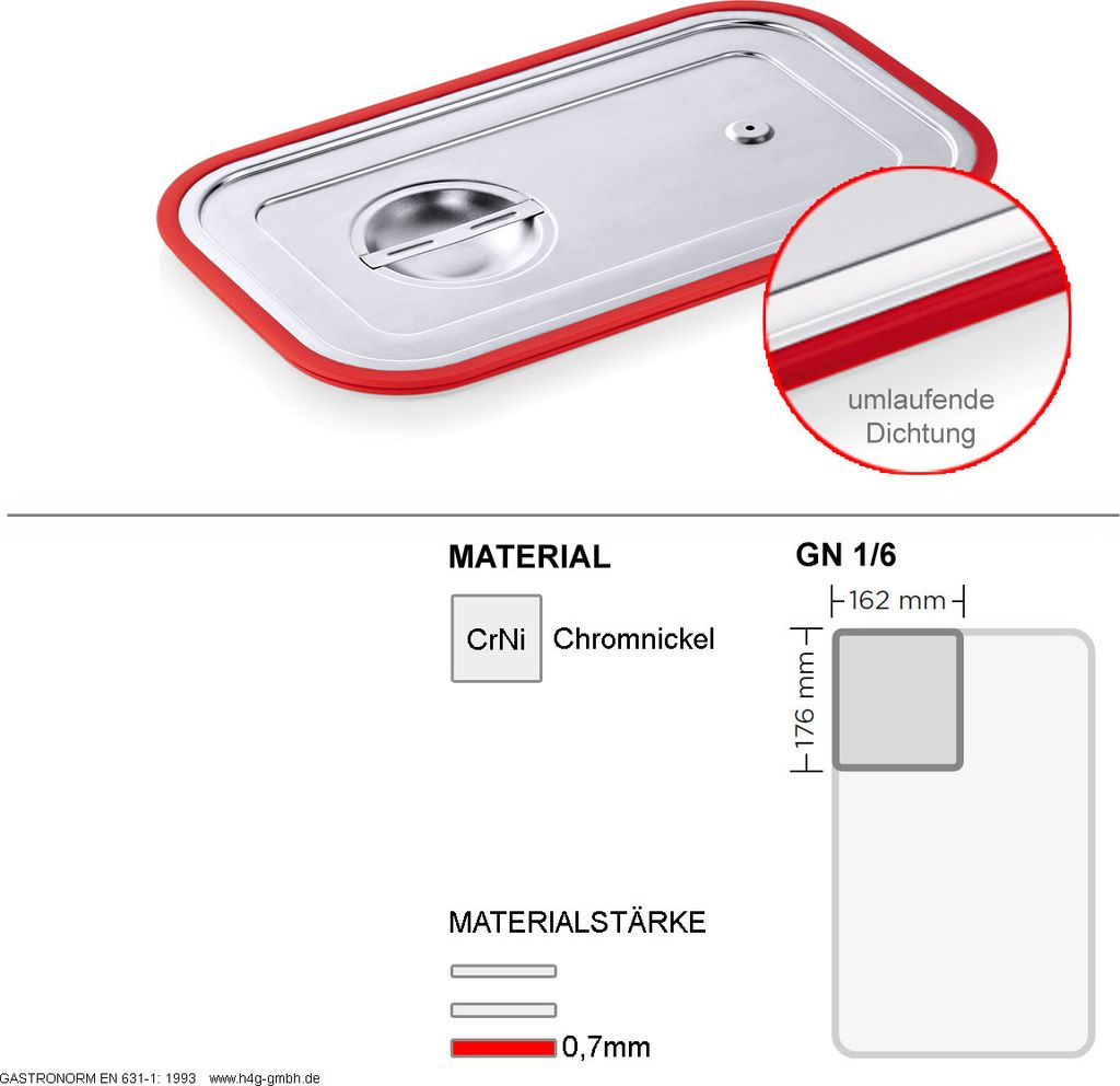 Gastronorm GN 1/6 Transportdeckel - umlaufender Silikon Dichtungsring - Chromnickelstahl