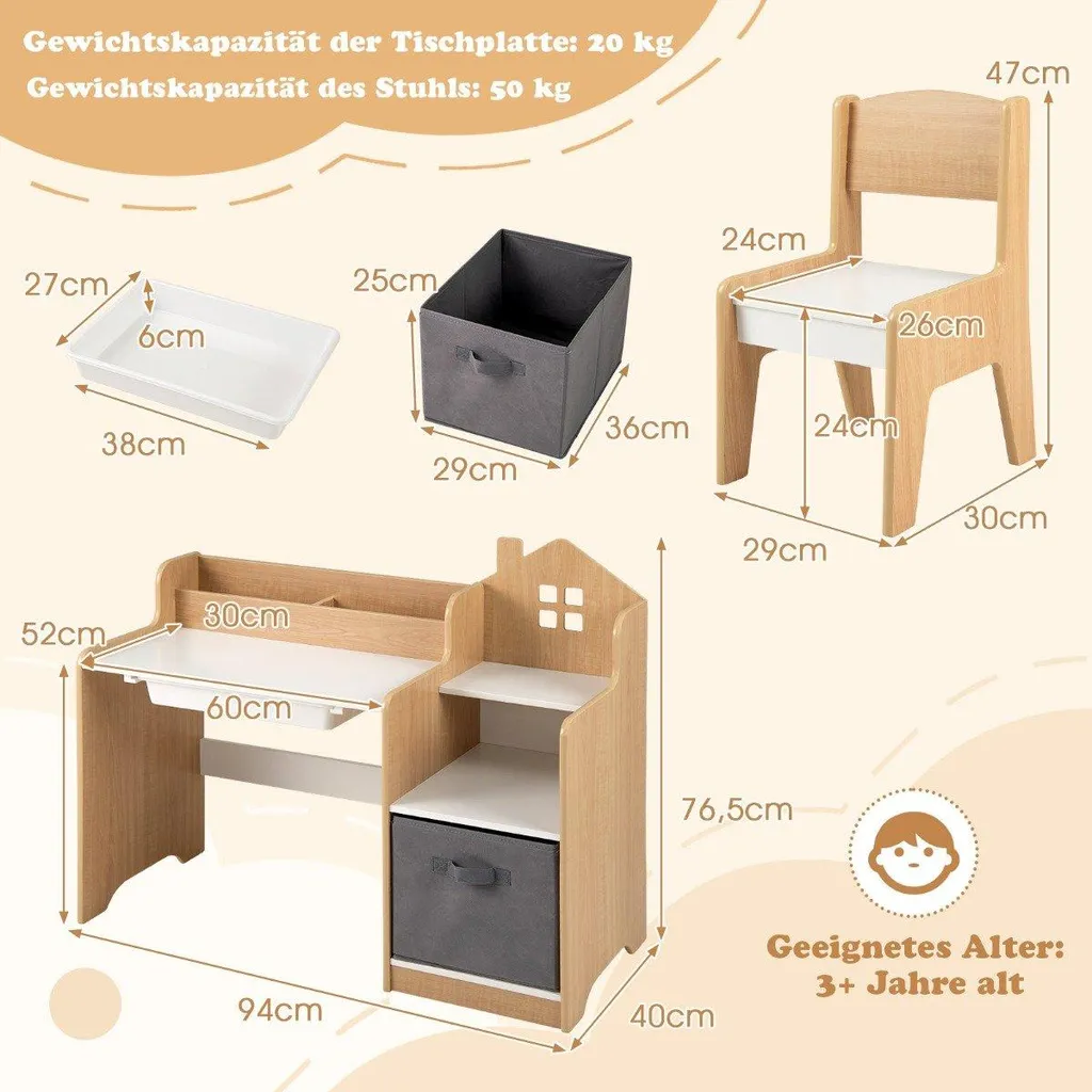 Table d'écolier avec chaise et étagères intégrées Structure Blanc et Chêne - 3