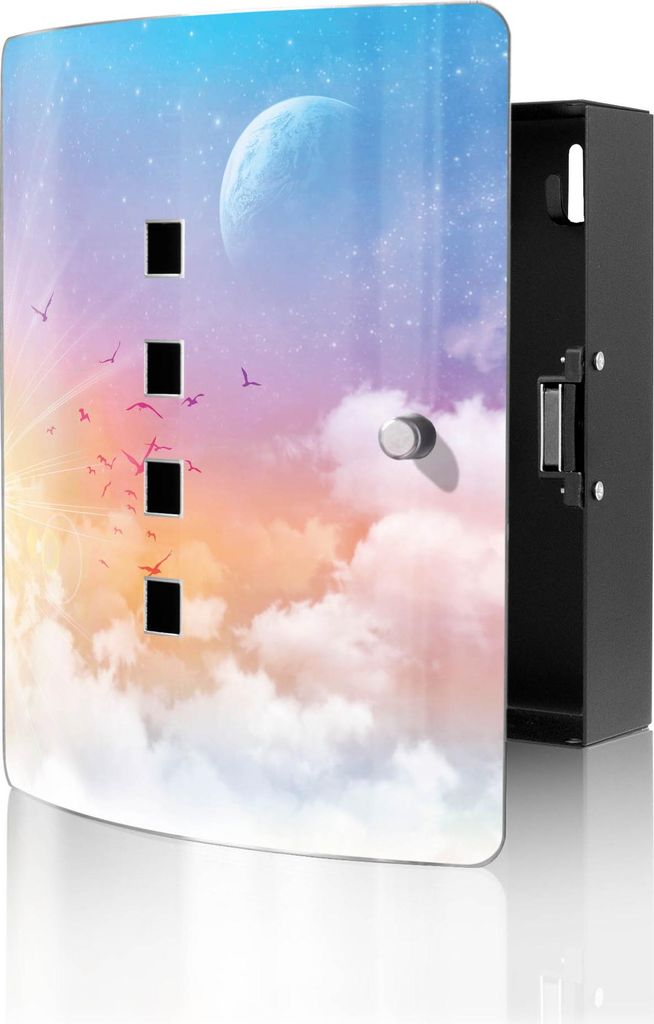 banjado Design Schlüsselkasten aus Edelstahl für 10 Schlüssel, Schlüsselschrank 24 x 21,5 x 7cm groß mit Magnetverschluss, Vögel am Himmel [B...