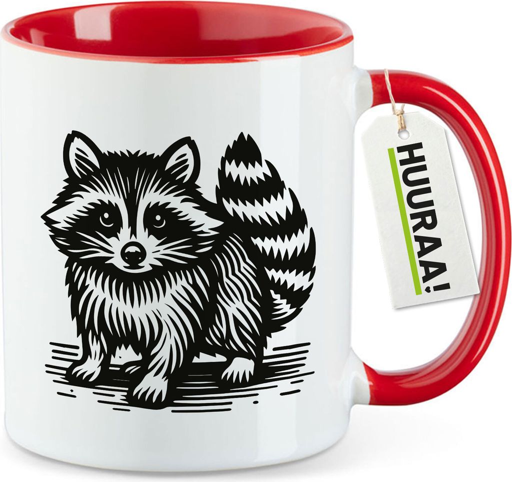 Huuraa Kaffeetasse Waschbär Comic 330ml Rot Keramik Kaffeebecher Geschenkidee