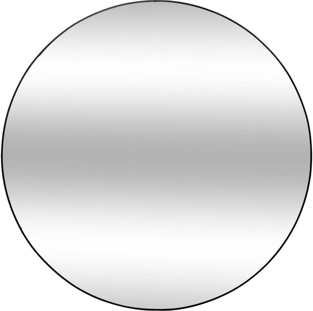 A circular mirror with a black frame.