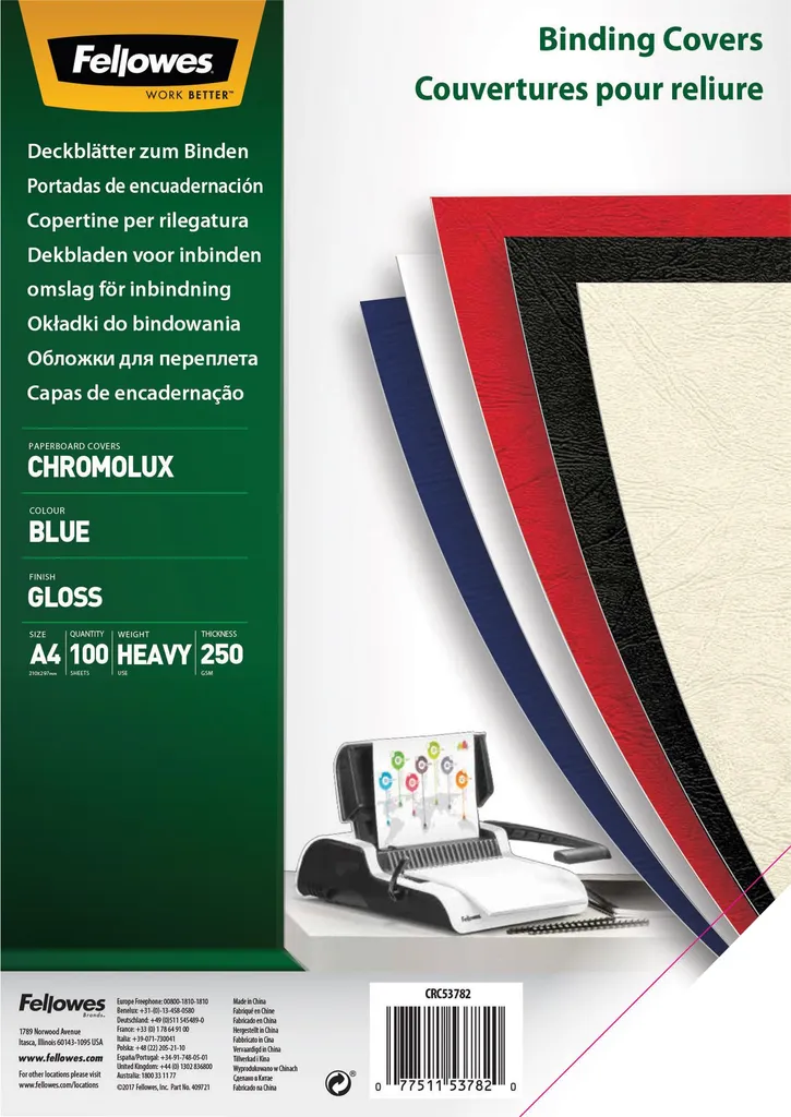 Copertine Fellowes Chromolux A4 250g Blu | Kit 100 Fogli Rilegatura