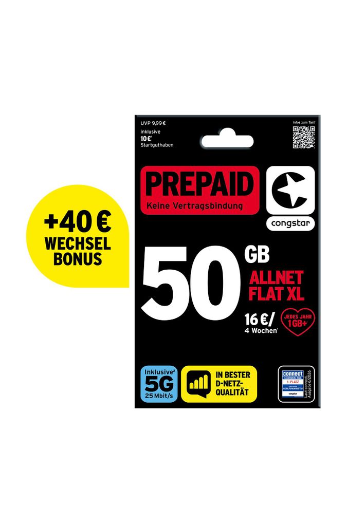 congstar Prepaid Allnet XL inkl. 40€ Wechselbonus: 50 GB Produktbild 