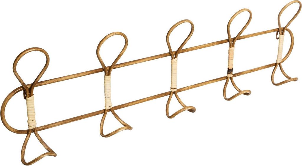 A gold-colored metal coat rack with five hooks against a white background.