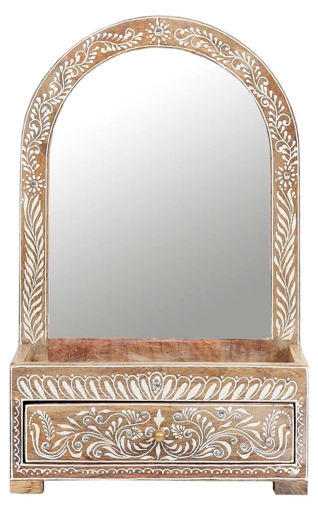 Marrakesch Schminkspiegel mit Schublade aus Holz 39cm | Vintage Standspiegel klein Akhila | Orientalischer Kosmetikspiegel mit Schminke Organizer