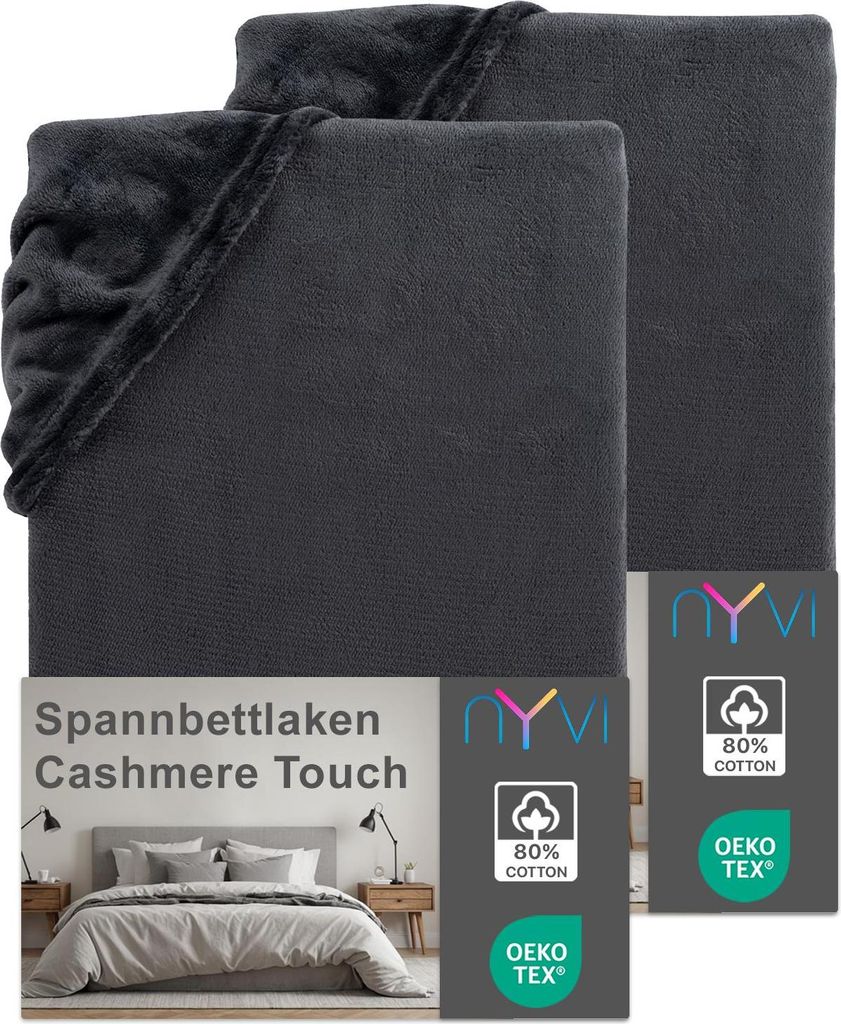NYVI Spannbettlaken DreamScience Cashmere Touch 180 - 200x220 cm anthrazit 2er Set für Boxspringbetten bis 32 cm - Samtweiches & Wärmendes Bettla...