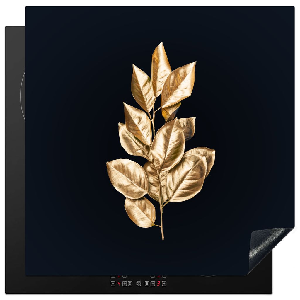 KitchenYeah Herdabdeckplatte Pflanze - Blätter - Gold - Schwarz - Luxus , 78x78cm, Küche Deko, Glaskeramikkochfeld Herdabdeckung, Abdeckplatte ...