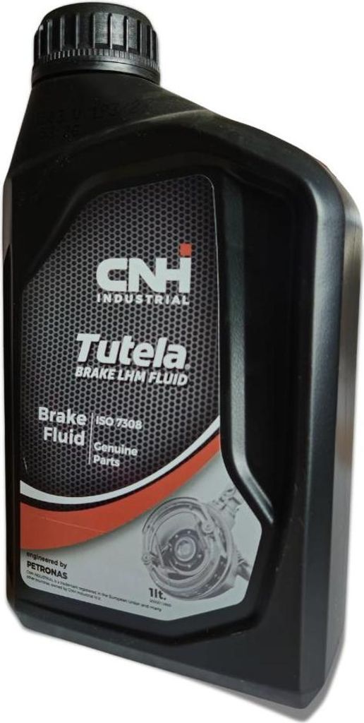A black bottle of brake fluid with labels.