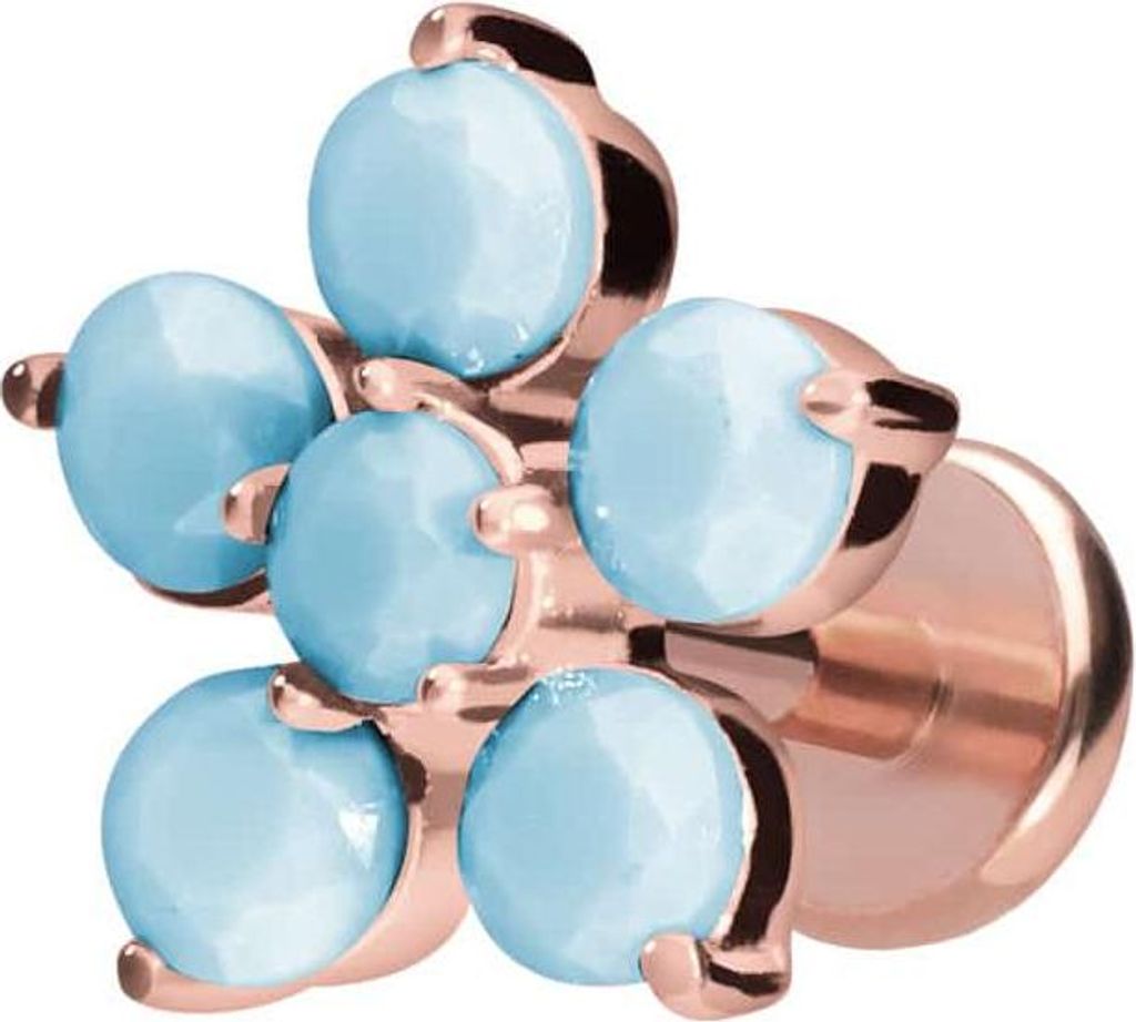 Ohrpiercing, Nasenpiercing Titan Labret mit Push Fit BLUME + SYNTHETISCHE TÜRKISE RoséGold Stablänge: 6mm | Stabstärke: 1mm