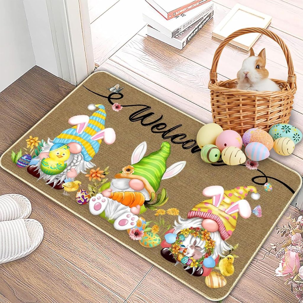 Ostern Fußmatte, 40 x 60 cm Hasen Wichtel Willkommensmatte Ostern, Frühling Küche Bodenmatte Teppich rutschfest, Osterdeko Fußmatte, Schmutzfan...