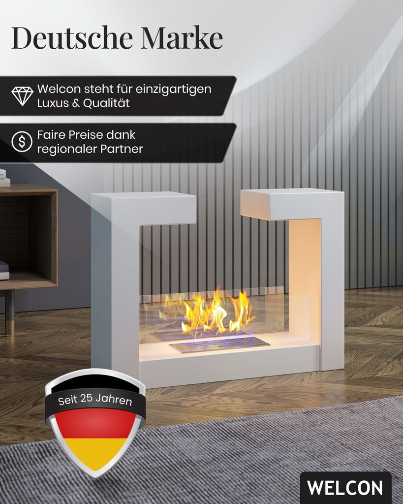Bioethanol Kamin & Fireplace Göteborg | Ethanol Standkamin | Raumtrenner oder Einbaukamin in weiß | Sicherheitsbrenner