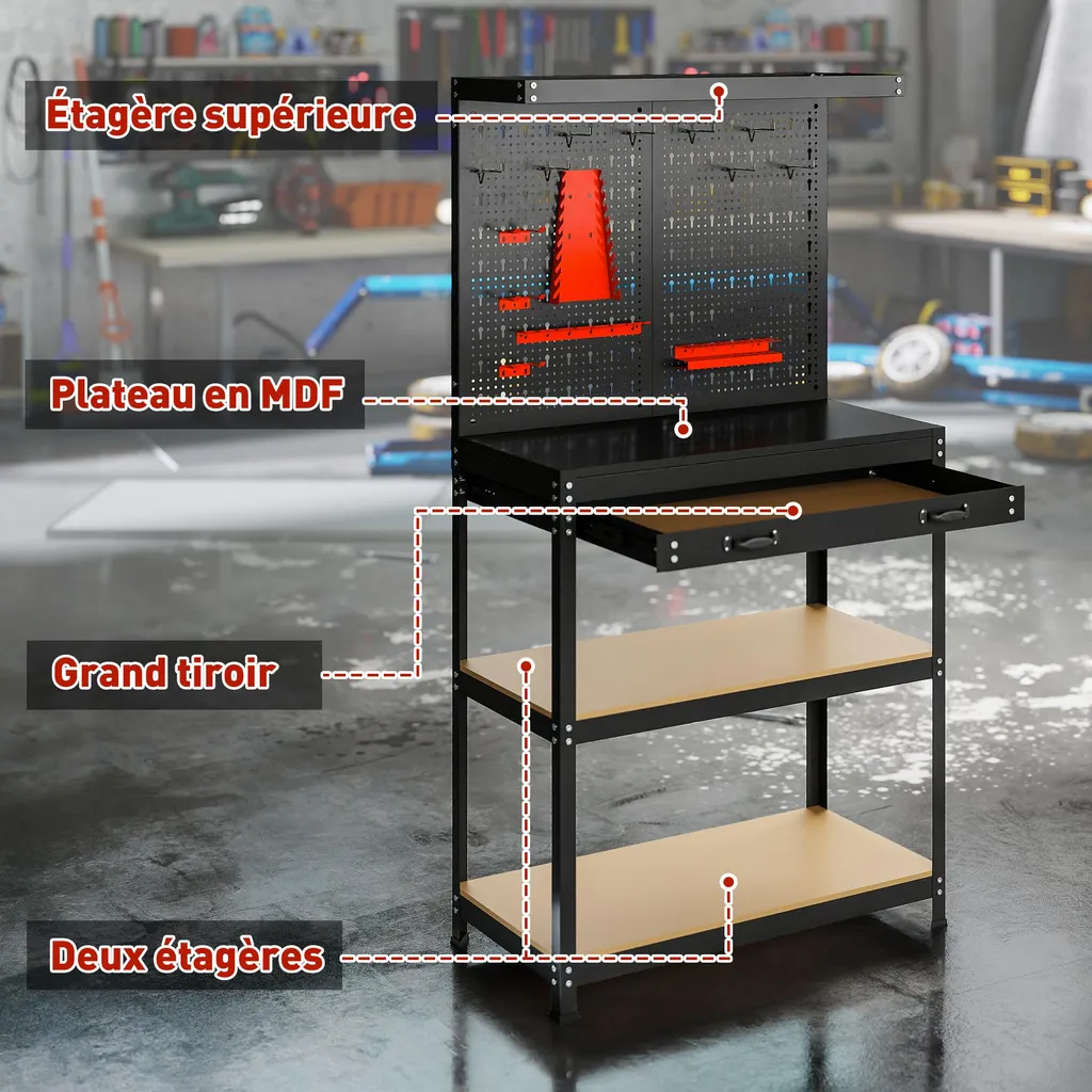 Table de travail avec rangement d'outils et panneau mural mural noir