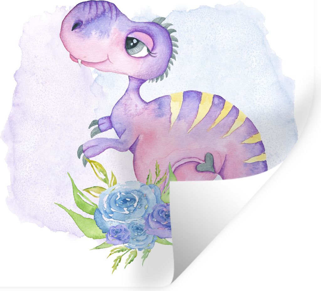 MuchoWow Wandtattoo Wandsticker Wandaufkleber Dinosaurier - Kinderzimmer - Aquarell - Mädchen - Kinder - Rosa 50x50 cm Selbstklebend und Reposit...