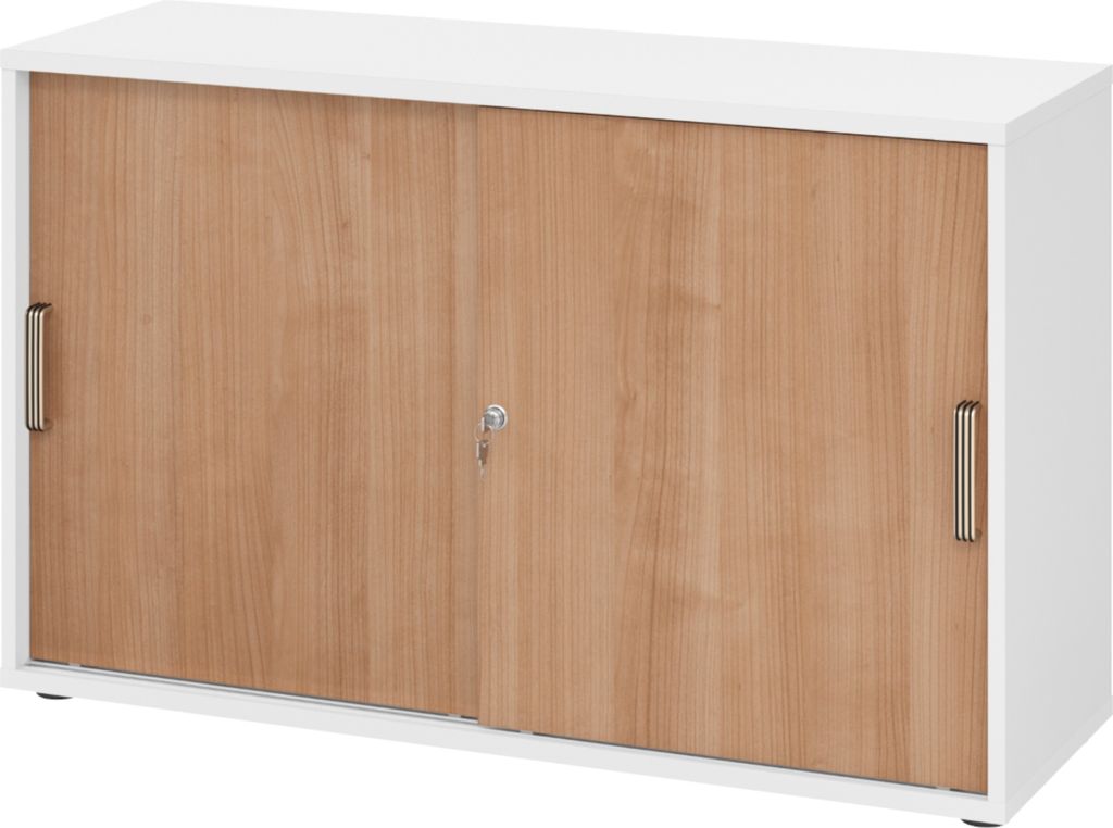 bümö Schiebetürenschrank office - 2 Ordnerhöhen - Griff: Streifengriff (Kunststoff), Nachbildung: Weiß/Nussbaum