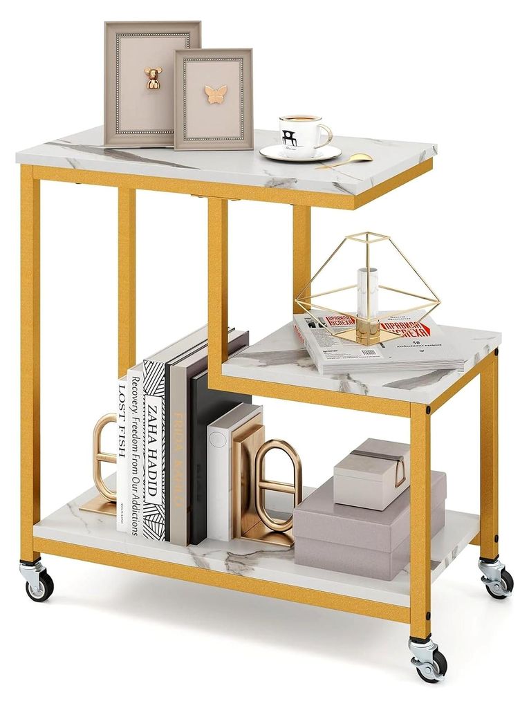 Beistelltisch mit Rollen, Mobiler Couchtisch mit Marmoreffekt, Platzsparender Wohnzimmertisch mit 3 Ebenen, Sofatisch mit Metallrahmen, Max. 50 kg ...