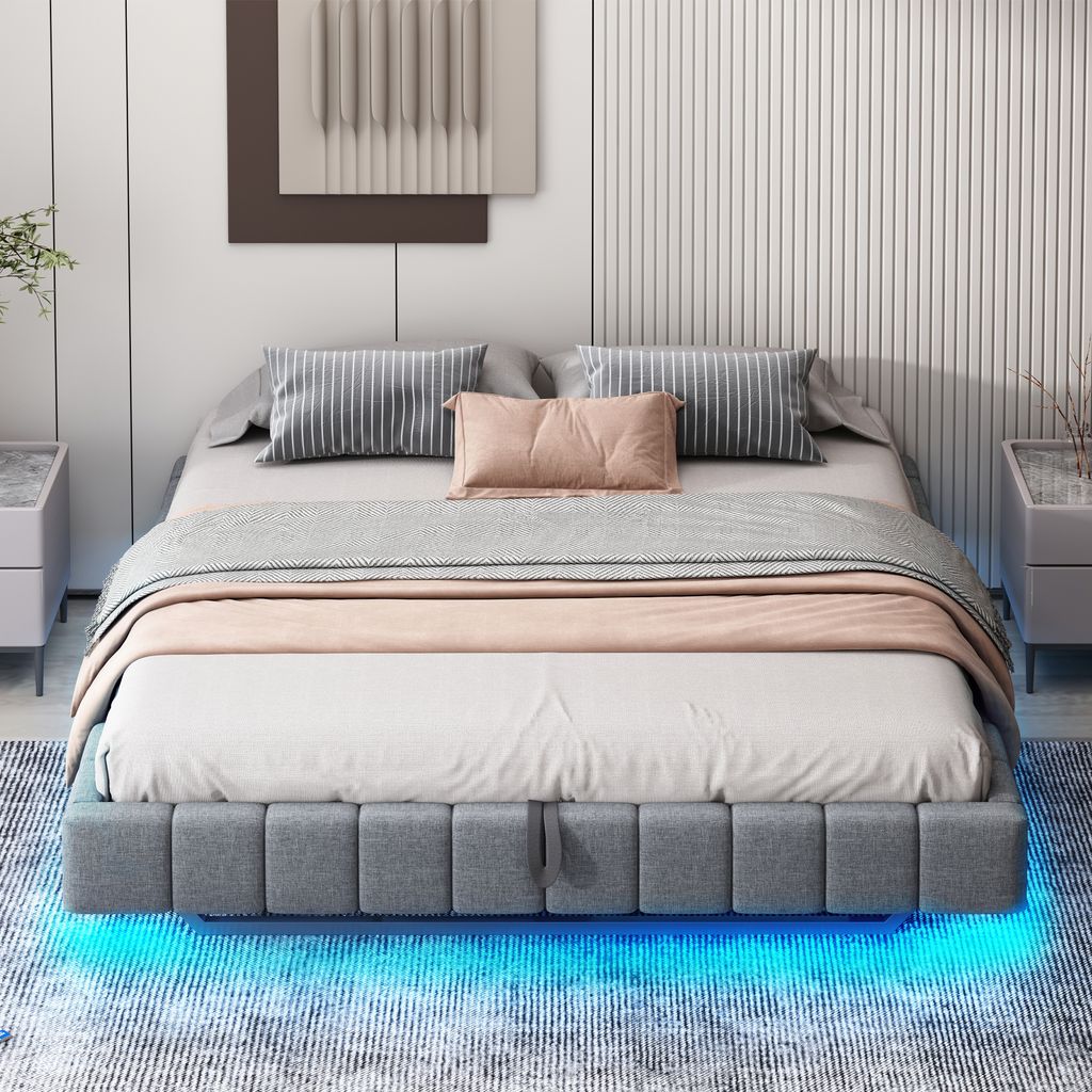 okwish Polsterbett(180x200 cm)Doppelbett,Stauraumbett,Multifunktionsbett,Hydraulisches Bett,Bettgestell, ohne Kopfteil ,mit LED-Licht, oh...