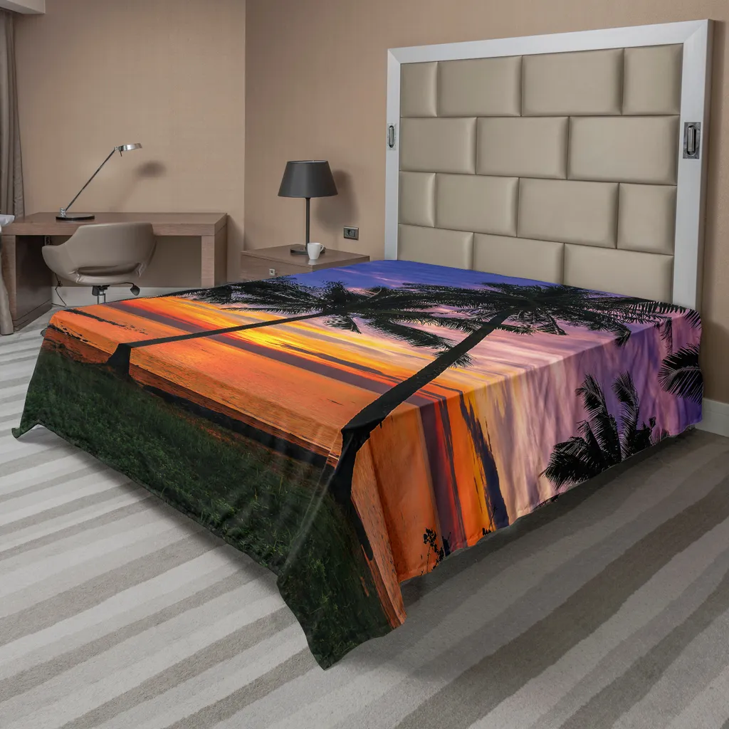 Drap plat décoratif motif plage exotique et palmiers pour grand lit doux