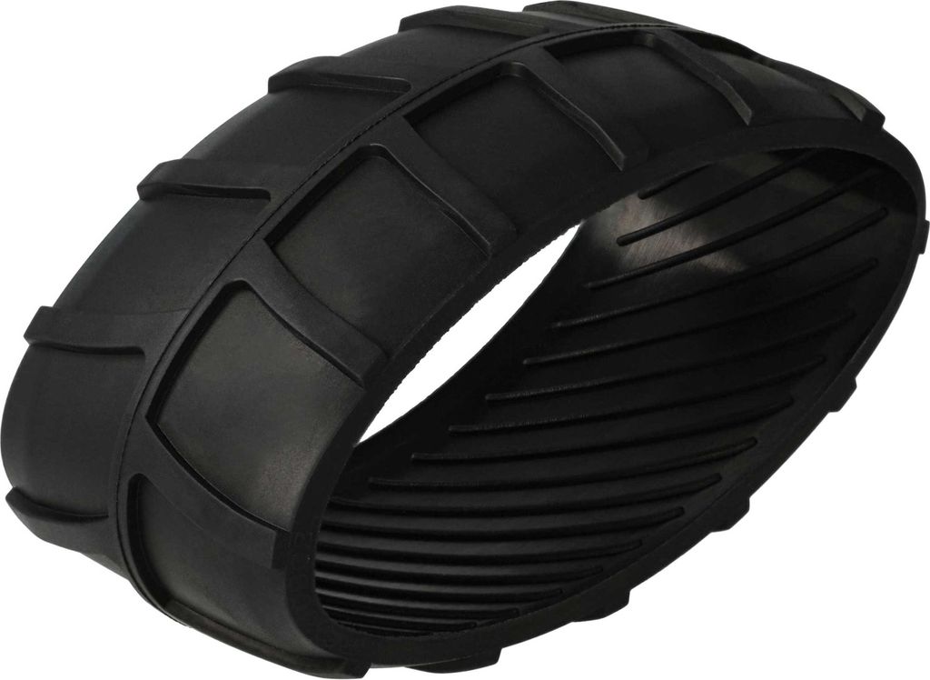 A black rubber wheel tread for a robotic lawnmower.