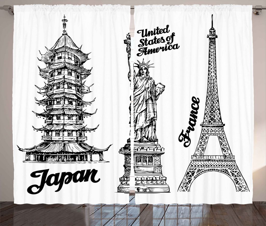 ABAKUHAUS Tourist Rustikaler Gardine, Japan Paris Gebäude, Schlafzimmer Kräuselband Vorhang mit Schlaufen und Haken, 280 x 225 cm, Weiß Schwarz