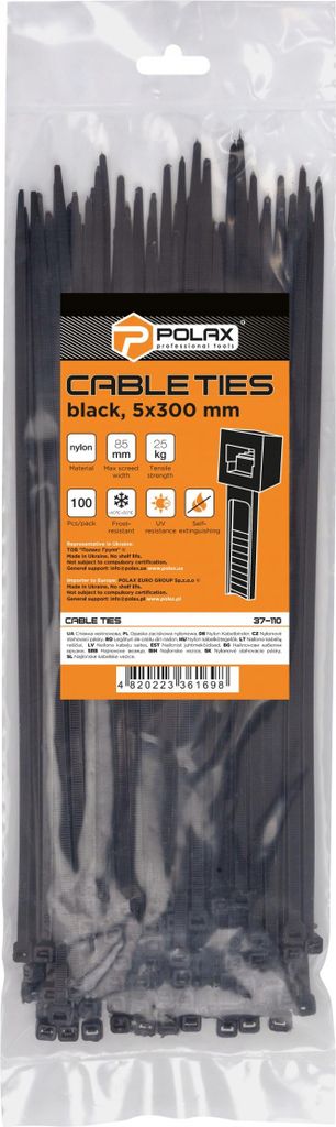 Kabelbinder, Nylon, schwarz, 5 x 300 mm, 100 Stück Polax
