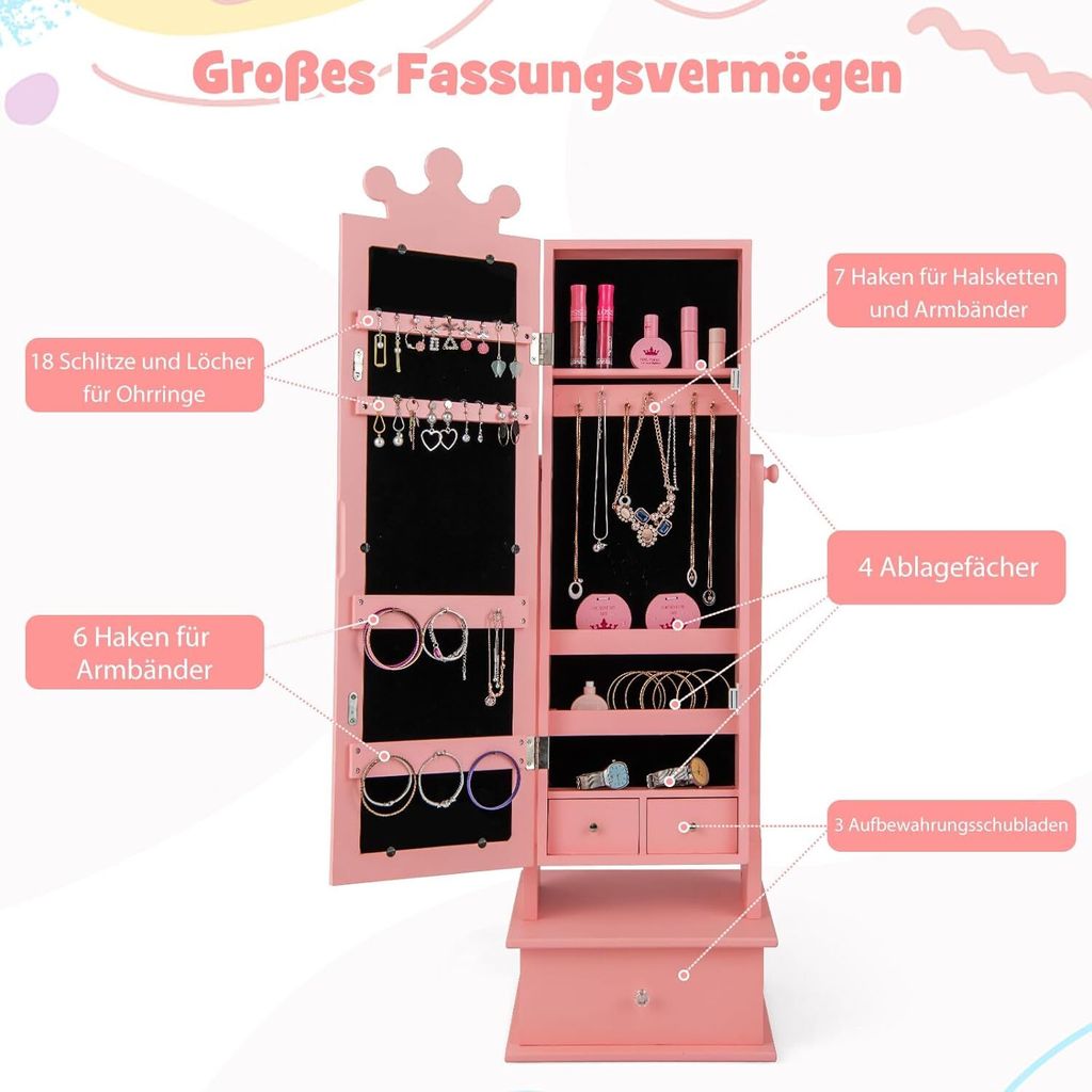 COSTWAY Kinder Schmuckschrank, Spiegelschrank neigbar mit Produktbild 2