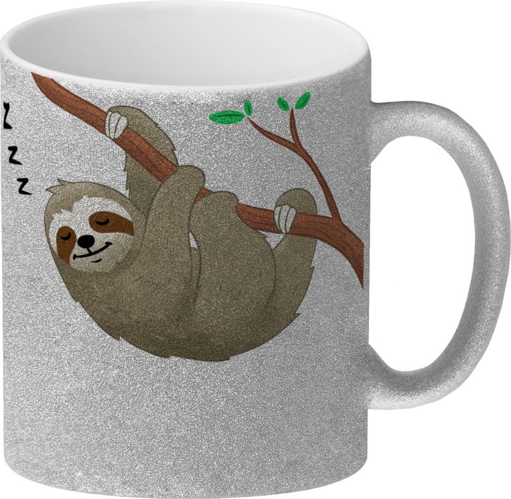 Weck mich wenn es Freitag ist Glitzer-Kaffeebecher mit Faultier, Schrift,