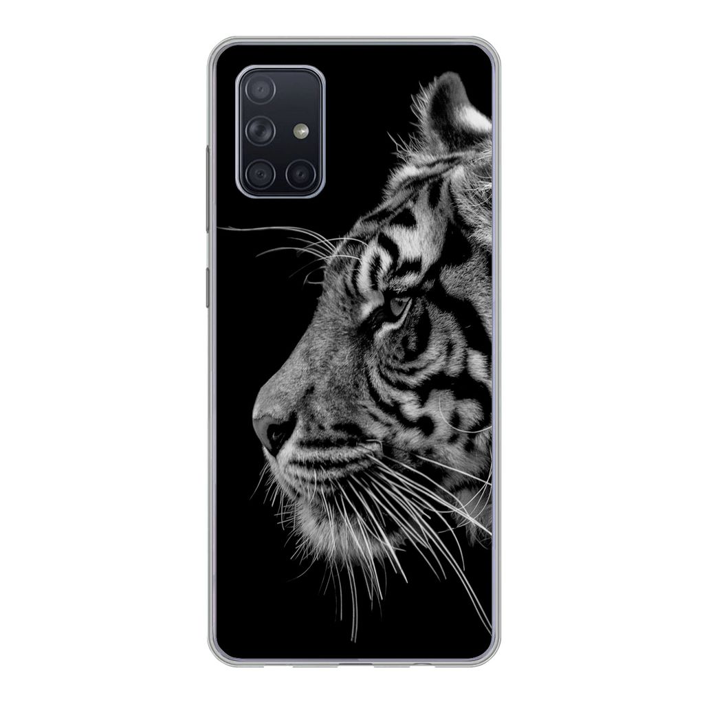 MuchoWow Handyhülle Schutzhülle Hülle für Samsung Galaxy A51 5G Tiger auf schwarzem Hintergrund in schwarz und weiß Silikon Softcase Handy H...
