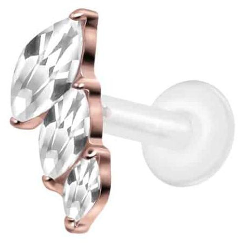 Ohrpiercing, Nasenpiercing PTFE Labret mit Innengewinde + Titan-Aufsatz 3 EINGEFASSTE KRISTALLTROPFEN RoséGold Stablänge: 6mm | Stabstärke: 1,6mm