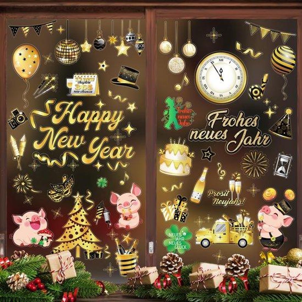 Raamstickers mit 9 Blättern, Glücksbringer für das neue Jahr, Glücksente, Glücksbock, Klavierquartett, Glückwunschkarten für Weihnachten und...
