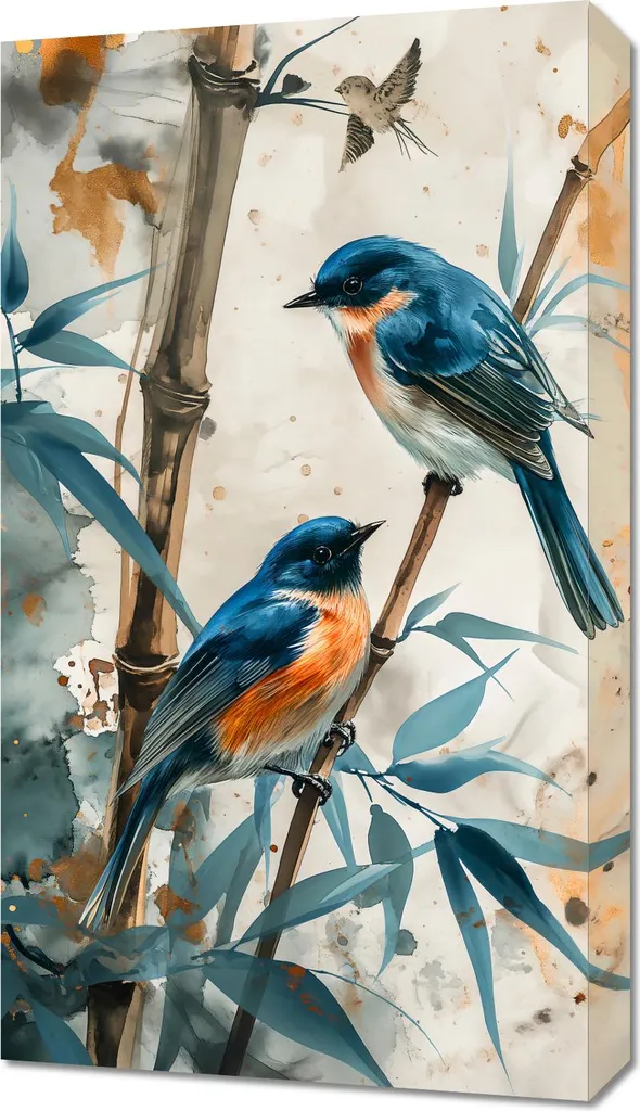 Quadro 40x70 cm Tre Uccelli: Tela Moderna per Arredo Soggiorno