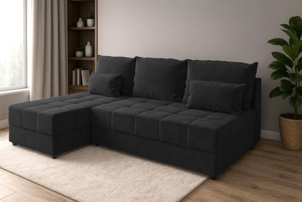 Ecksofa DOMINO L FIT mit Schlaffunktion, Bettkasten, L-Form Sofa Blau, 206 cm, universal montierbar