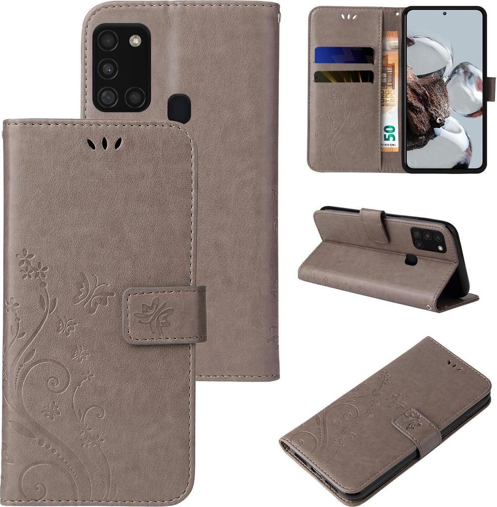 Handyhülle für Samsung Galaxy A21s Floral Blumen Schmetterling Flip Cover Hülle Case Klapphülle Handytasche Farbe: Grau