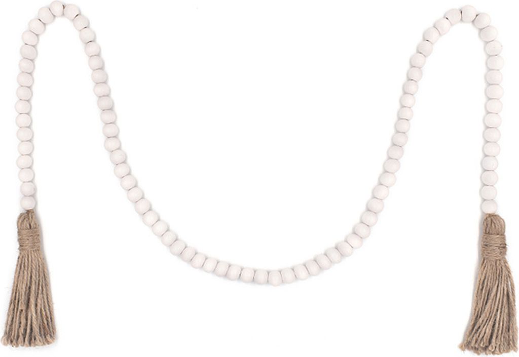 Girlande aus runden Holzperlen mit Hanfseilquaste, elegant, handgefertigt, rustikales Bauernhaus, Wandbehang aus Holzperlen, Dekoration für Zuhause