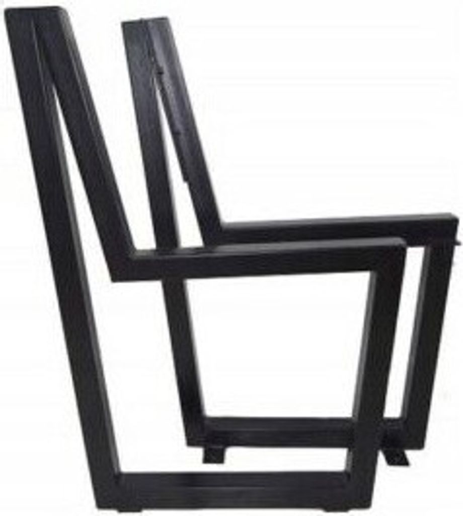 A black metal chair frame is shown against a white background.