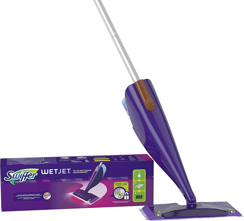 A Swiffer WetJet floor mop and its packaging are displayed against a white background.