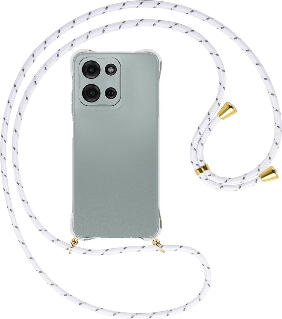 Handykette Backcover-Schutzhülle mit Band (Metall goldfarben) für Motorola Moto G Play 4G (2025) - weiß/grau