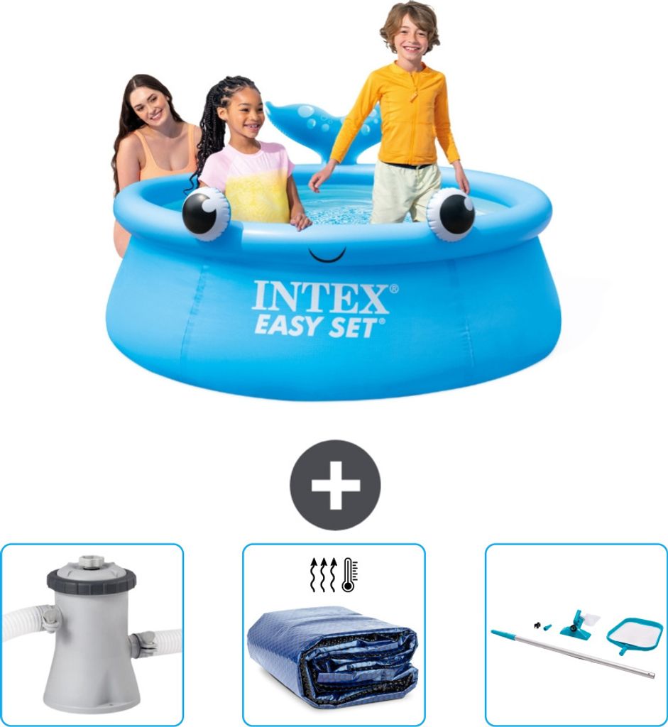 A blue Intex Easy Set pool with a whale design, featuring two children and an adult inside. Below the pool are images of a filter pump, a solar cover, and a cleaning kit.