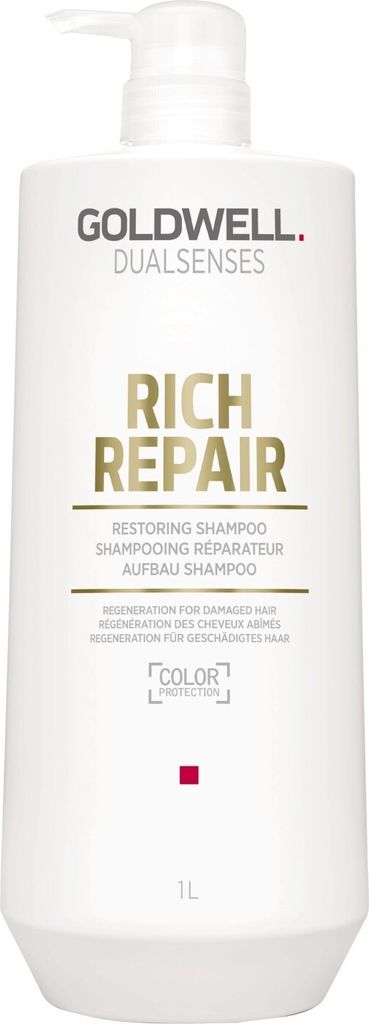 A white bottle of Goldwell Dualsenses Rich Repair shampoo with a pump dispenser.