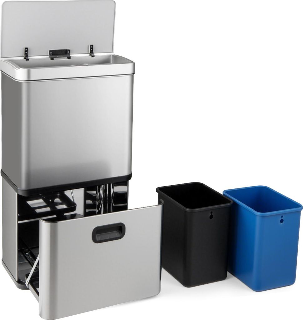 COSTWAY Mülleimer 3 Fächer, 56L Mülltrennsystem mit 2 ausnehmbaren Abfallbehältern, 2x10L+36L, Abfalleimer elektrisch mit Sensor & Softclose-De...
