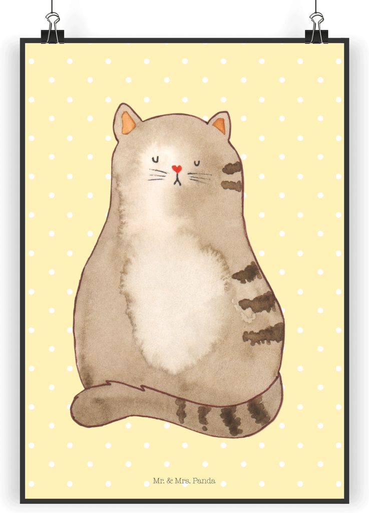 Mr. & Mrs. Panda Bild Katze Sitzen DIN A4 - Gelb Pastell - Geschenk, Plakat, Herz, Cat, drucke, wanddeko, Kunstdruck, Wandbild, Gestreift, Familie,...