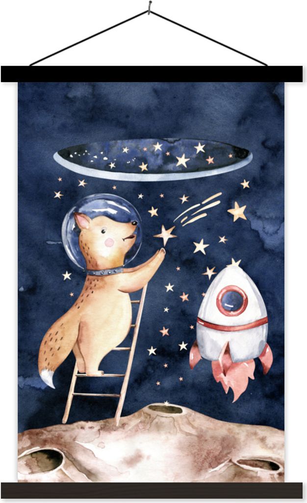 MuchoWow Textilposter Weltraum - Rakete - Fuchs - Jungen - Mädchen - Kind 60x90 cm mit schwarzem Rahmen - Poster Wohnzimmer