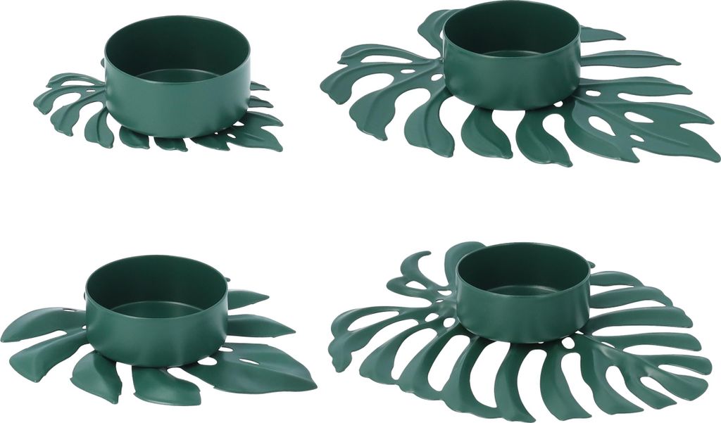 QUVIO Teelichthalter 4er-Set - Blatt - Teelichthalter - Kerzenhalter - Wohnaccessoires - Dekoratives Zubehör - 13 x 10 x 2 cm - Metall - Grün