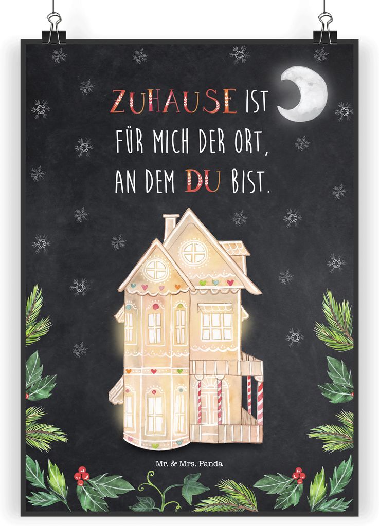 Mr. & Mrs. Panda Bild Lebkuchenhaus DIN A3 - Eisblau - Geschenk, Deko, Wandbild, Weihnachten, drucke, Plakat, wanddeko