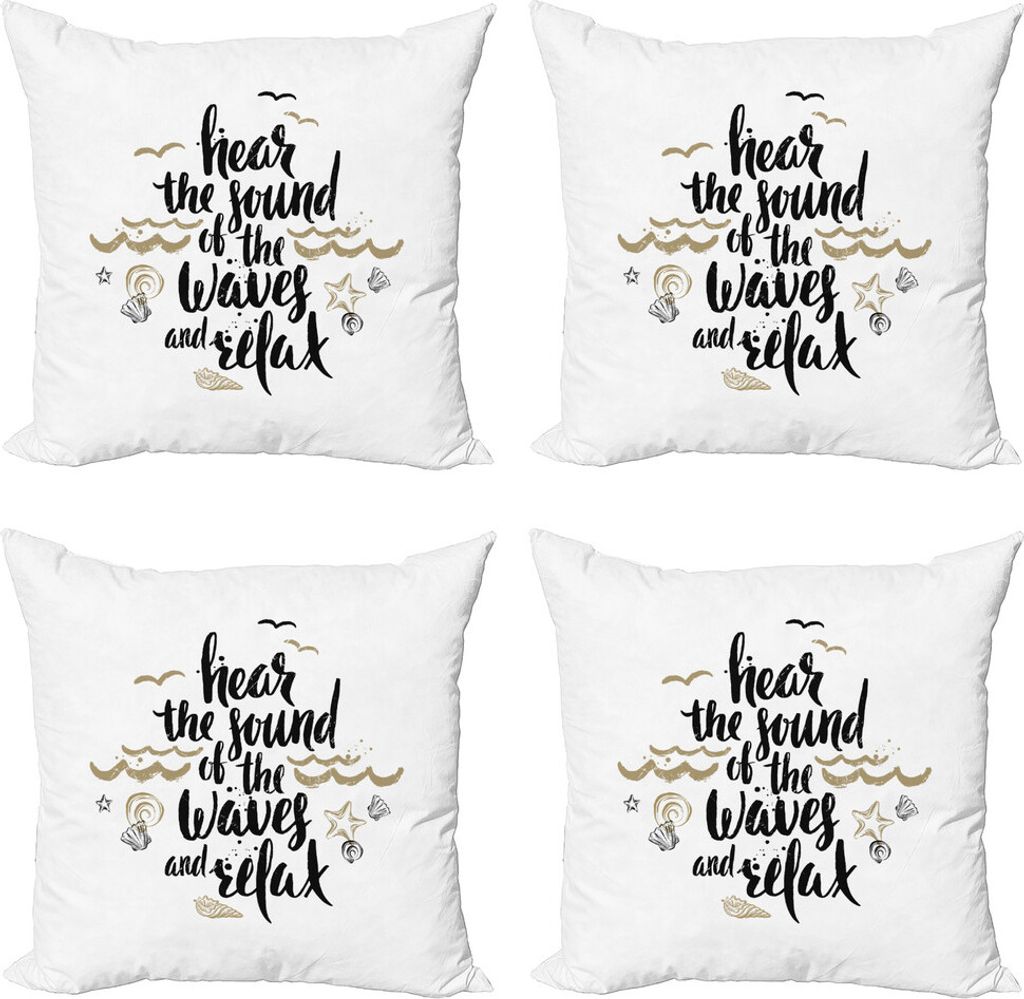 ABAKUHAUS Sprichwort Kissenbezug Set (4 Stück), Hear the Sound of Waves Text, Moderner Doppelseitiger Digitaldruck, 50 cm x 50 cm, Camel Schwarz W...