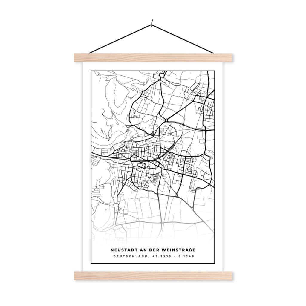 MuchoWow Textilposter Neustadt an der Weinstraße - Stadtplan - Karte 60x90 cm mit holzfarbenen Rahmen - Textil