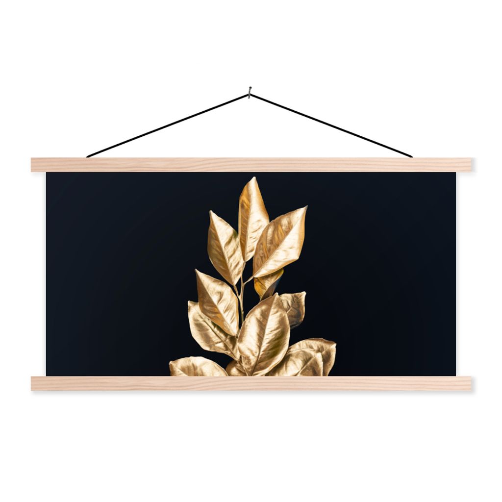 MuchoWow Textilposter Pflanze - Blätter - Gold - Schwarz - Luxus 120x60 cm mit holzfarbenen Rahmen - Klemmleiste