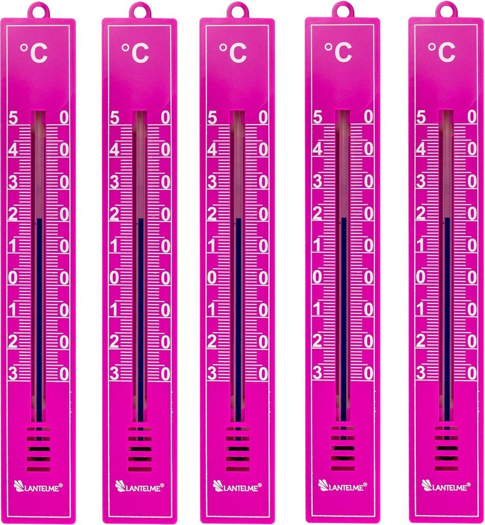 Lantelme 5 Stück Set Zimmerthermometer Farbe Pink Kunststoff auch als Außen Garten Thermometer mit analoger Temperaturmessung